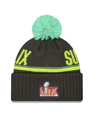 Мужская черная вязаная шапка New Era Kansas City Chiefs Super Bowl LIX с манжетами и помпоном