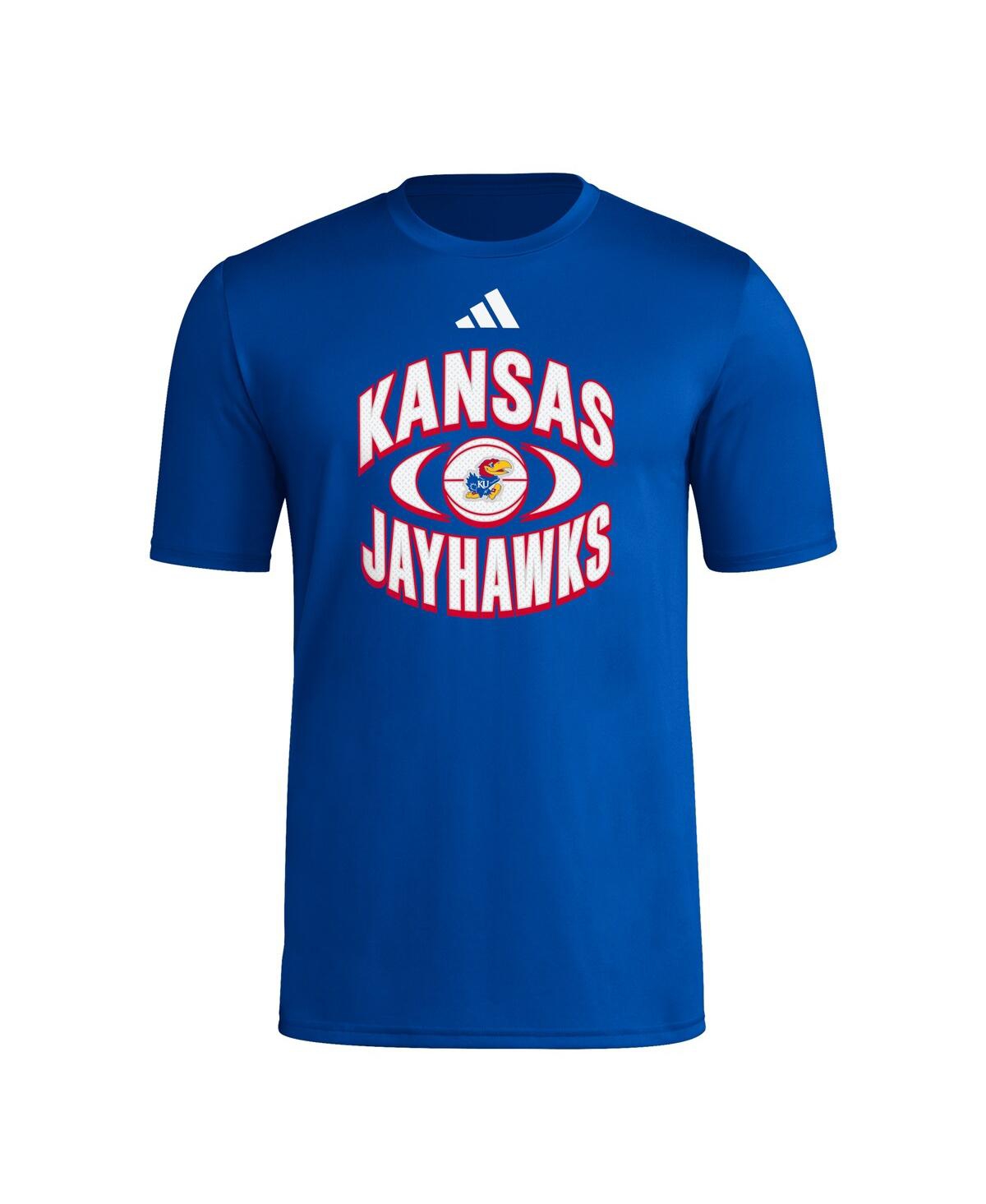 ADIDAS ORIGINALS MEN'S ROYAL KANSAS JAYHAWKS BASKETBALL ON COURT ORBIT PREGAME T-SHIRT