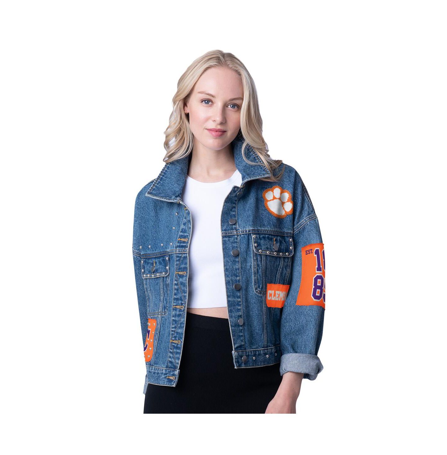 Женская куртка G-III 4Her by Carl Banks Denim Clemson Tigers Game Ball Patches and Studs Full-Button — фото 1