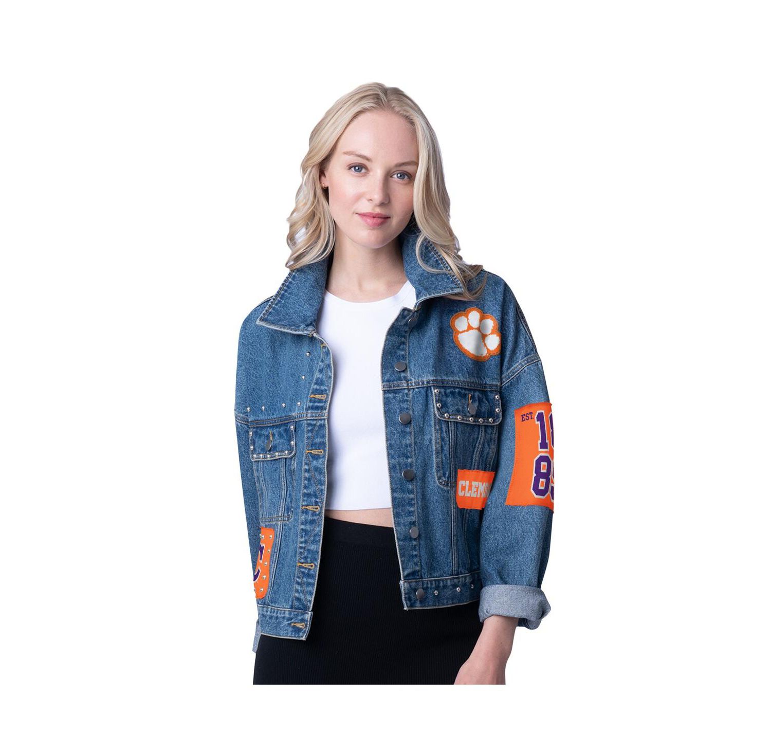 Women's Denim Clemson Tigers Game Ball Patches and Studs Full-Button Jacket