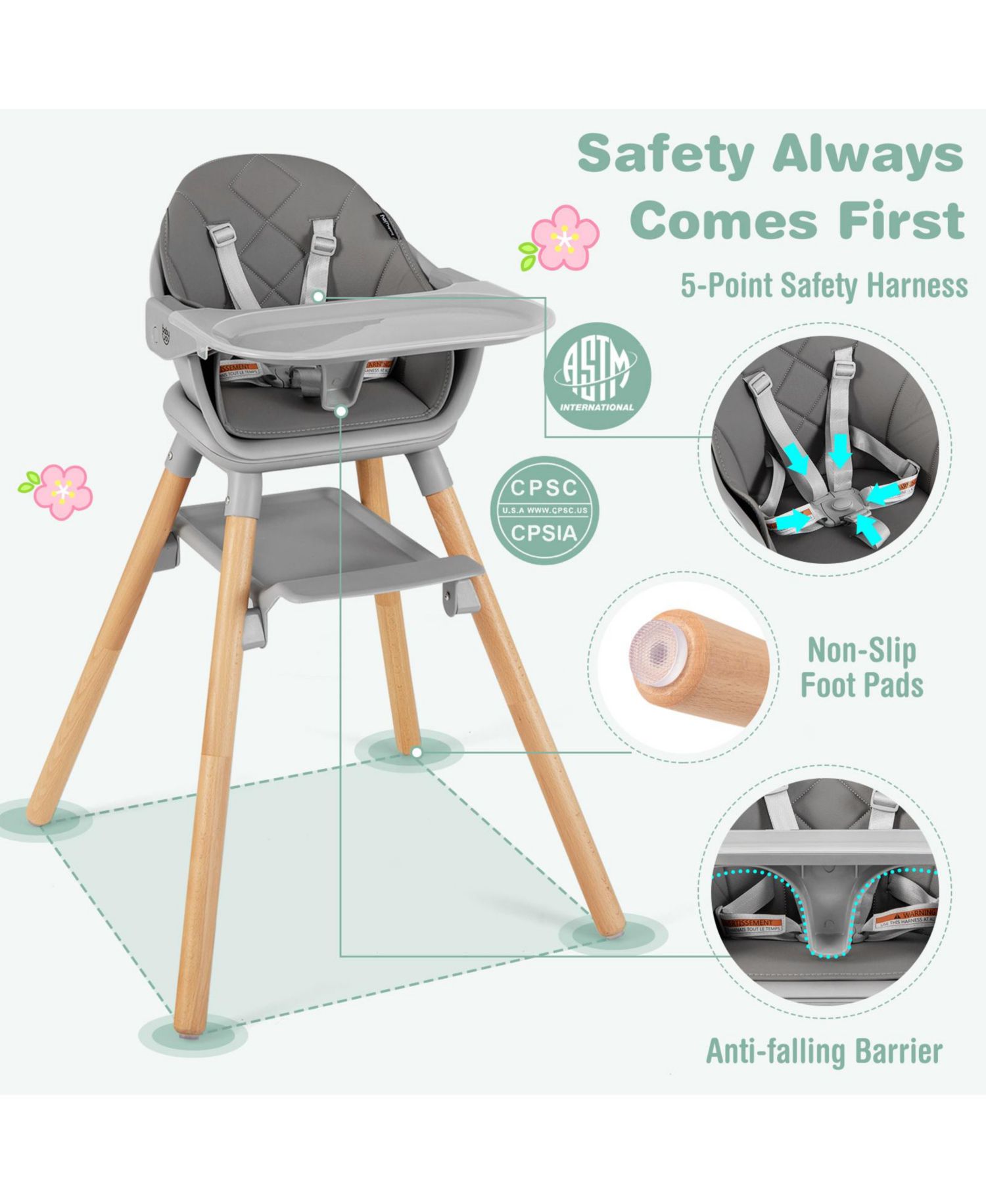 6-in-1 Convertible High Chair with Harness and Removable Tray