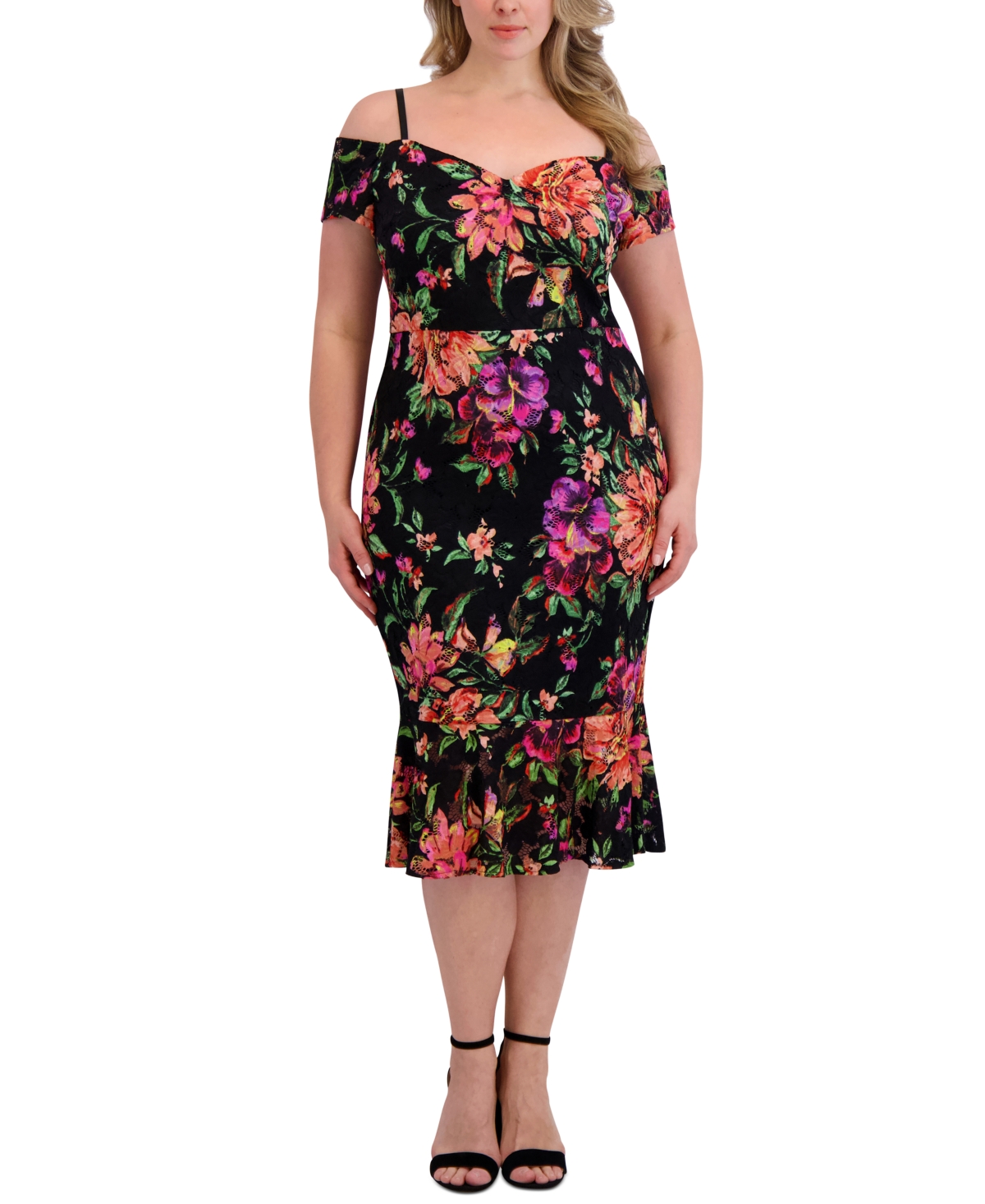 Plus Size Floral-Print Lace Off-The-Shoulder Dress - Black Multi