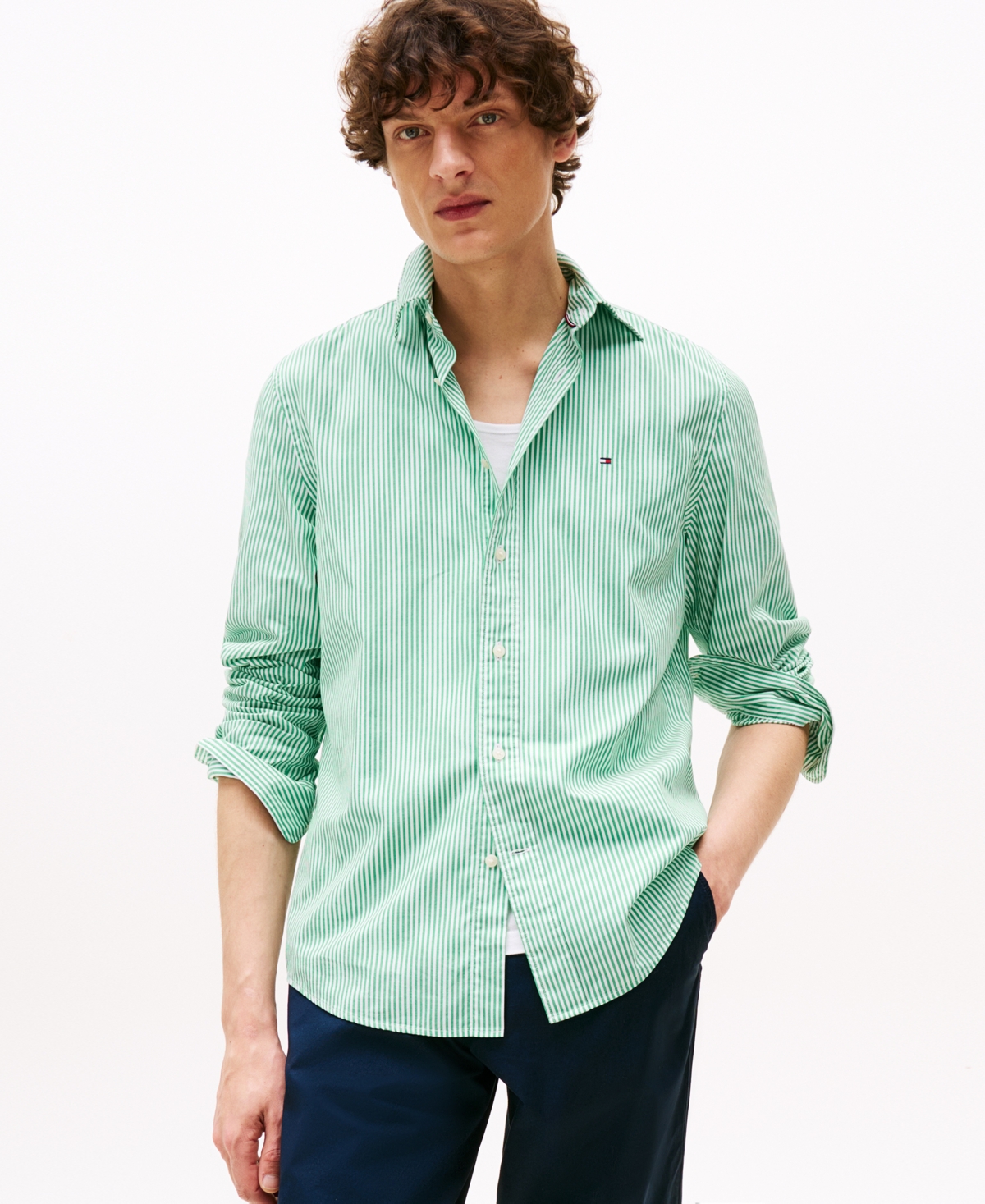 Men's Regular-Fit Striped Poplin Shirt - Olympic Green / Optic White