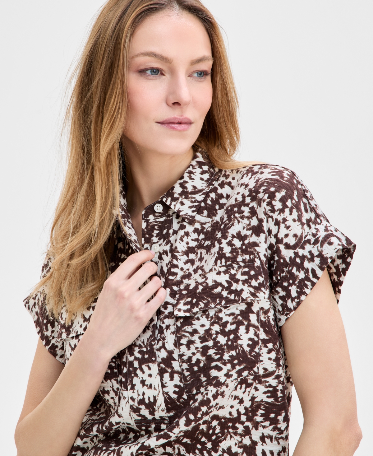 Inc International Concepts Women's Short-sleeve Printed Pocket Blouse, Exclusively At Macy's In Petra Texture