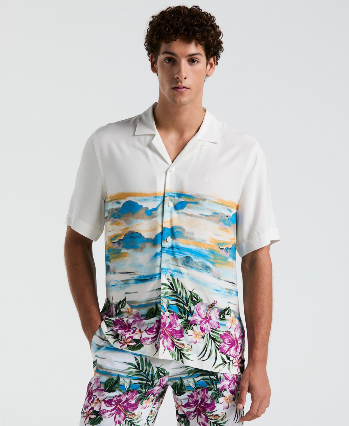 Men's Slim-fit Hibiscus Scene Print Short-Sleeve Button-Down Shirt - Bright White