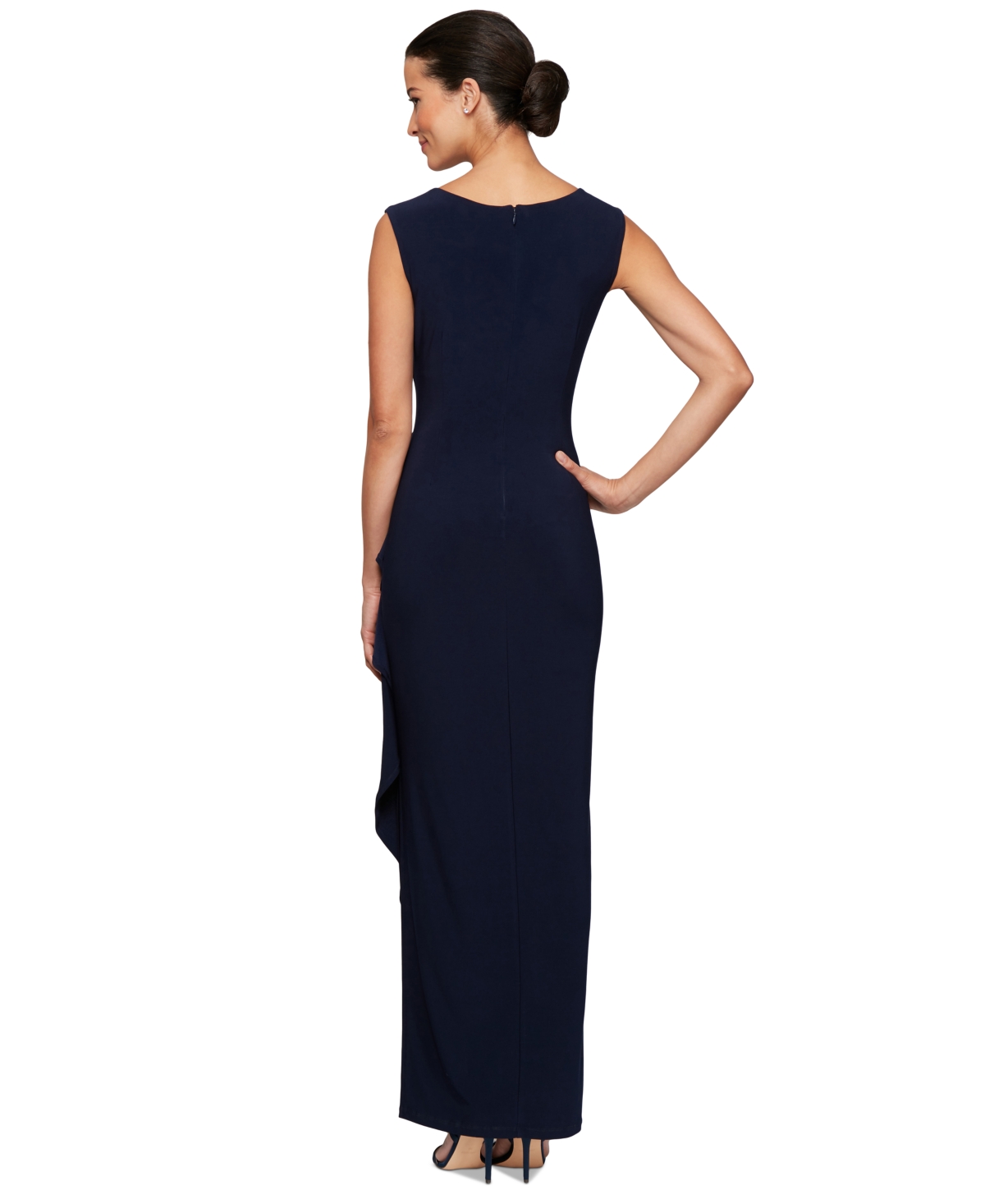 Alex Evenings Lace Illusion Yoke Wrap Syle Maxi Dress In Navy,nude