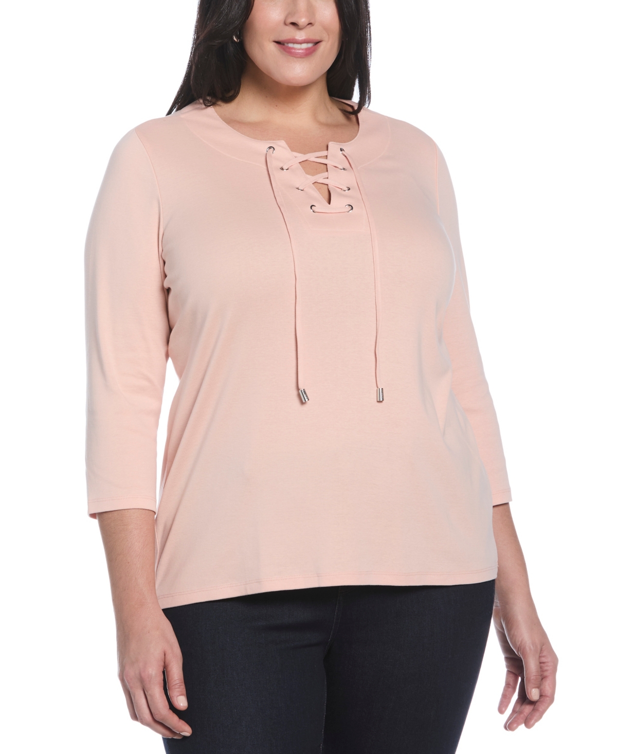 Plus Size Lace Up 3/4 Sleeve Top - Evening Sand