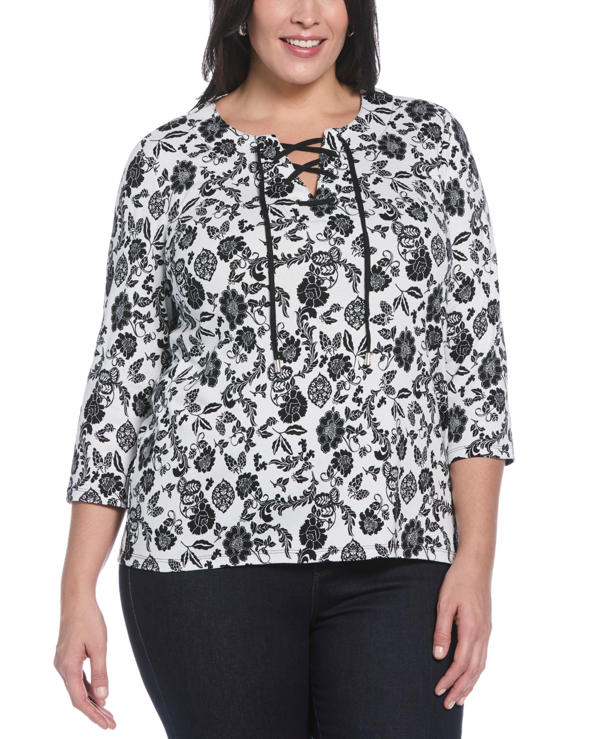 Plus Size Floral Print Lace Up 3/4 Sleeve Top - Black