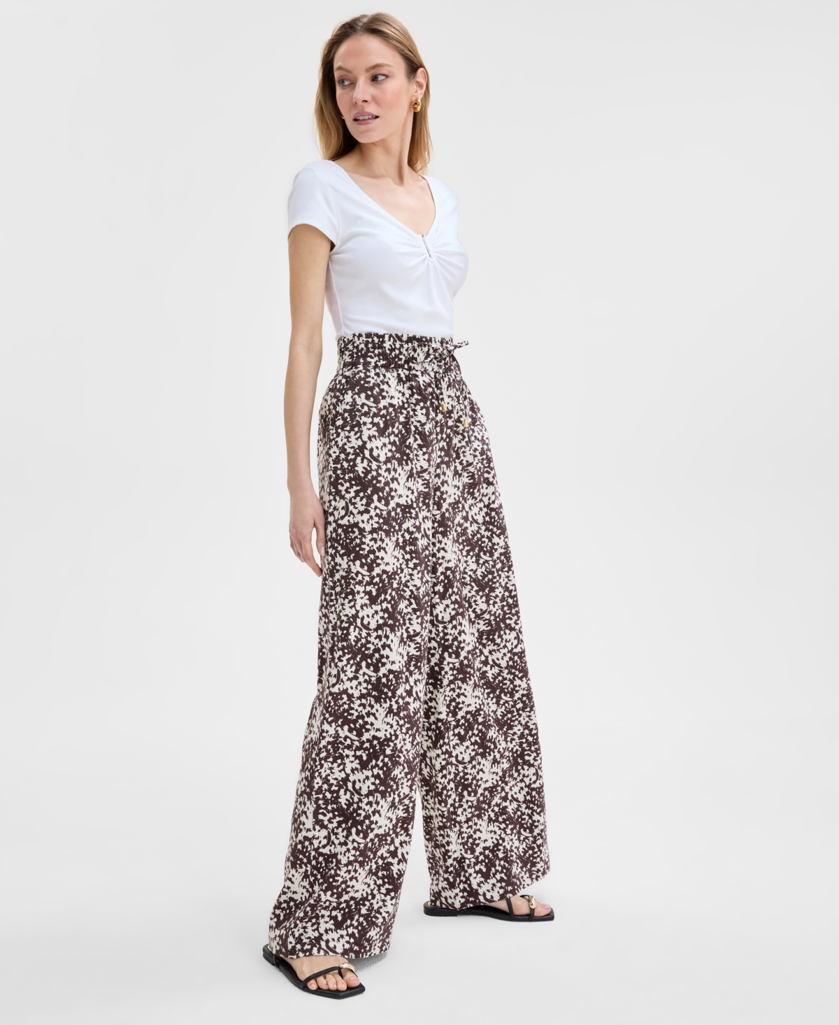 Inc International Concepts Women's Printed Pull-on Wide-leg Pants, Exclusively At Macy's In Petra Tex Cream