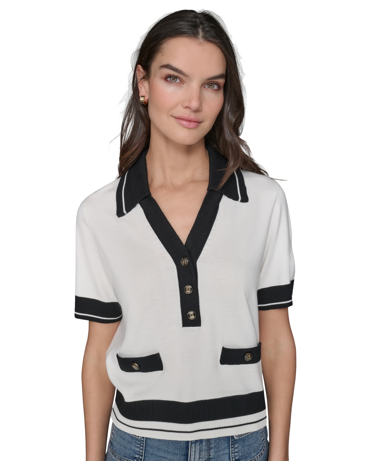 Shop Karl Lagerfeld Women's Short-sleeve Collared Sweater In Soft White