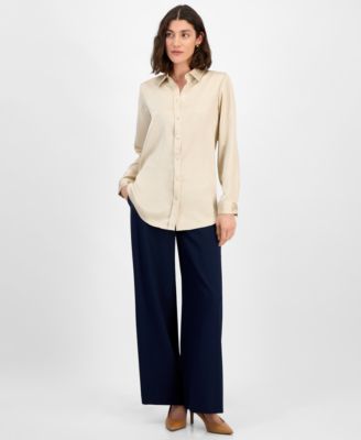 Женская атласная блузка Tahari ASL с длинным рукавом и пуговицами спереди