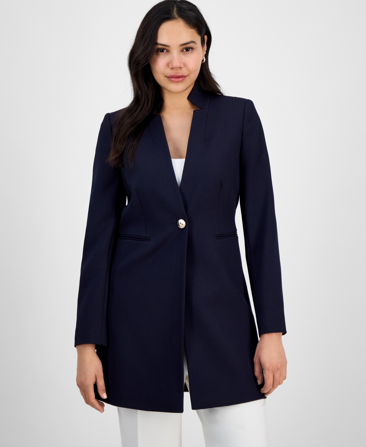 Tahari Asl Women's Twill Notched-collar One-button Topper In Navy