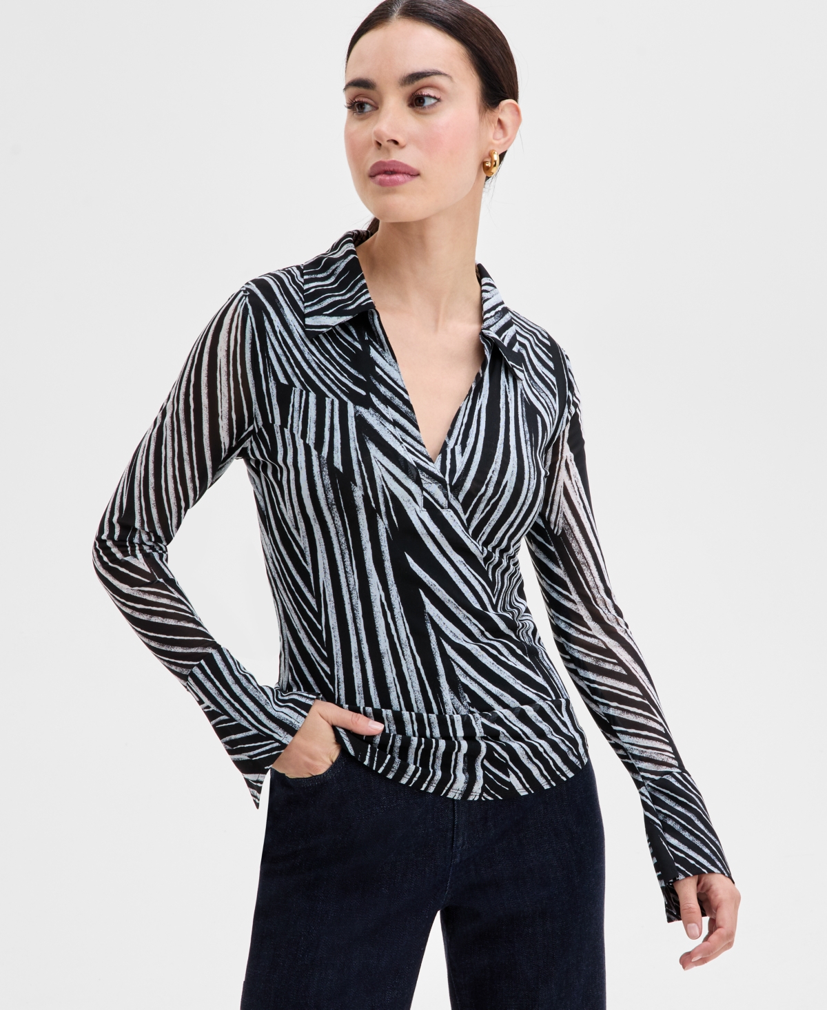 Inc International Concepts Women's Printed Johnny-collar Top, Exclusively At Macy's In Piastripe-