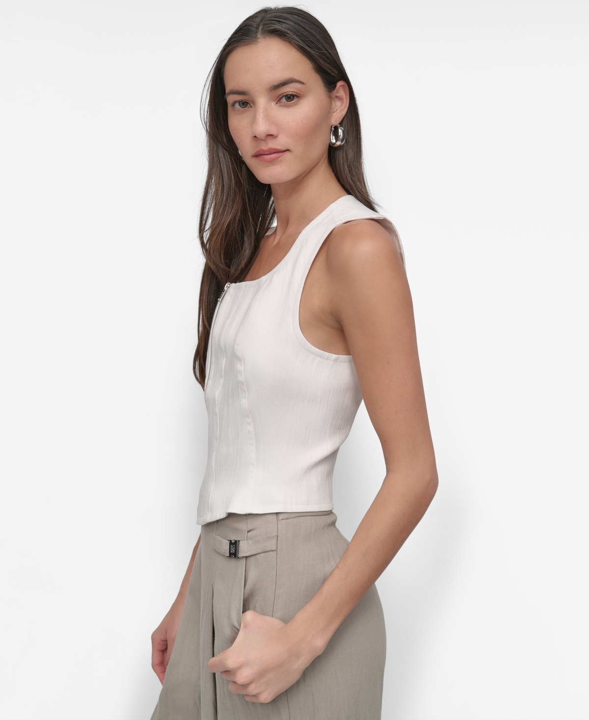 Shop Dkny Women's Front-zip Scoop-neck Seamed-corset Top In Ivory