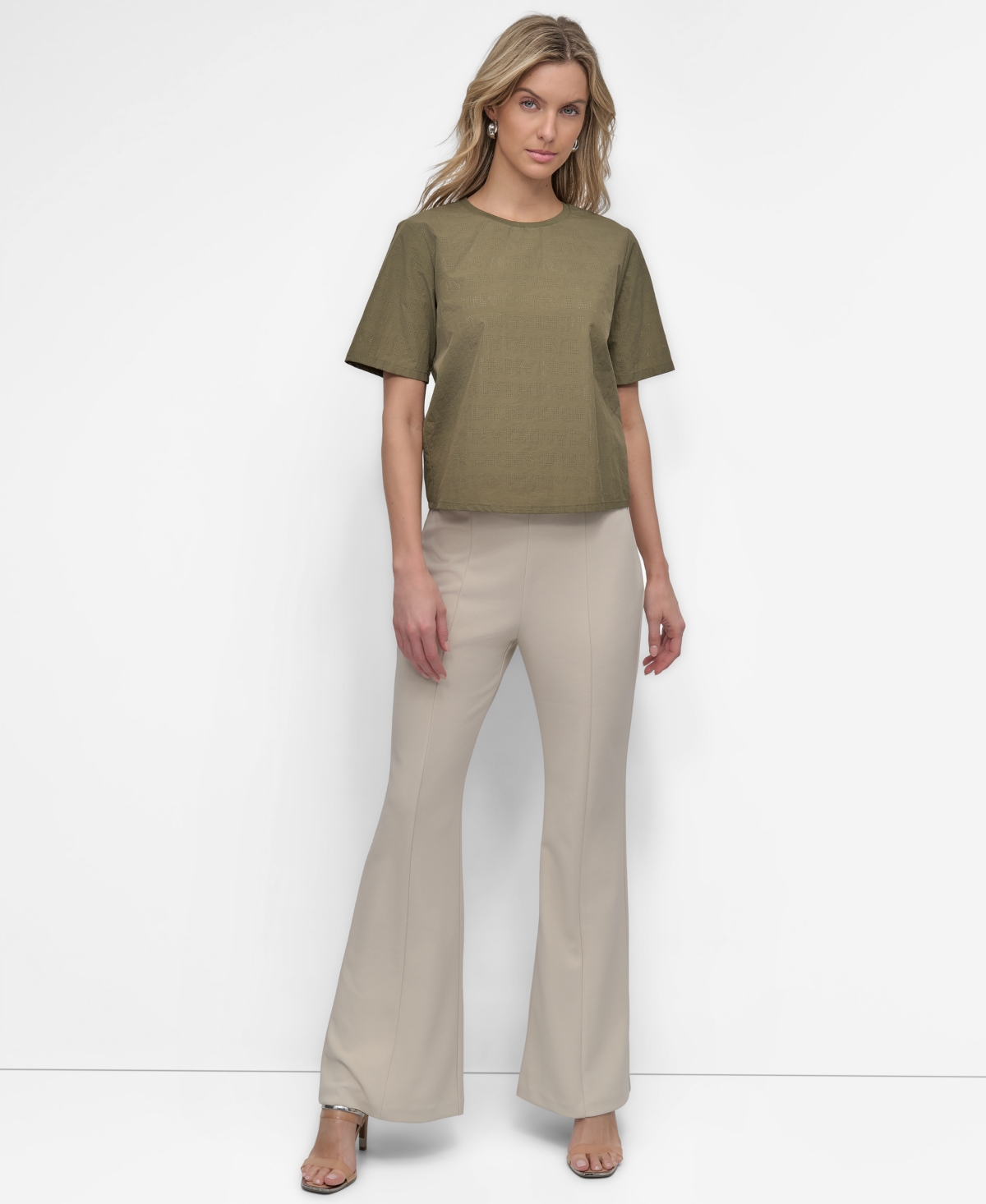 Dkny Peforated Logo Boxy Nylon T-shirt In Utility Green
