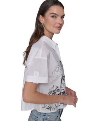 Женский хлопковый укороченный топ на пуговицах Paris Scene от KARL LAGERFELD PARIS и джинсы с высокой посадкой, украшенные орнаментом