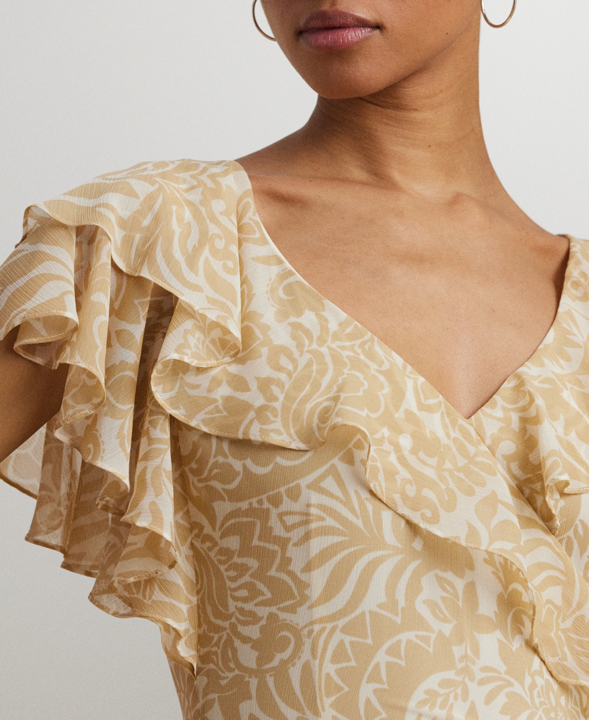 Shop Ralph Lauren Women's Floral Ruffle-trim Georgette Gown In Cream,tan
