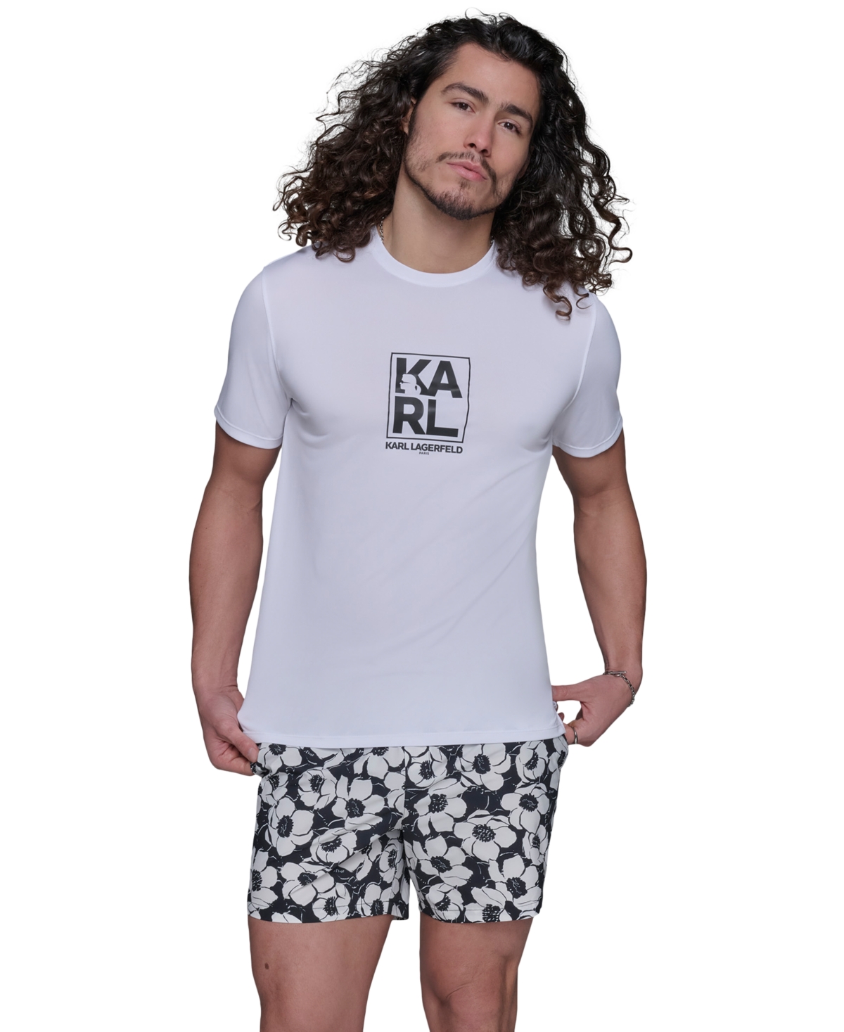 Karl Lagerfeld Men's Regular-fit Logo Graphic Rash Guard In White