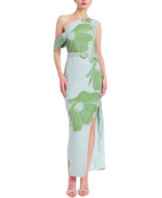 Jewel Badgley Mischka - Women's Asymmetric Belted Floral Print Gown