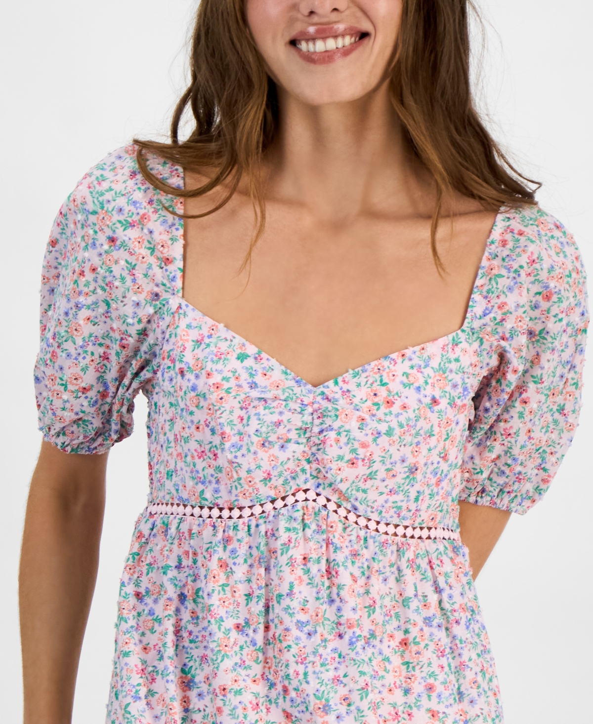 KINGSTON GREY JUNIORS' FLORAL TIERED PUFF-SLEEVE MIDI DRESS 