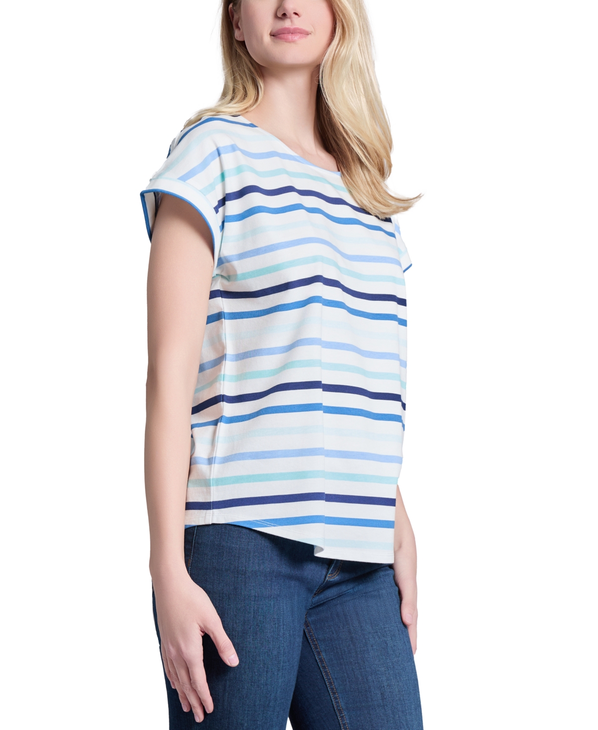 Jones New York Women's Striped Crewneck Cuffed-sleeve Top In Nyc White Multi