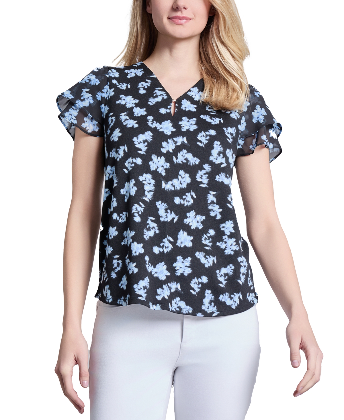 Women's Moss Crepe V-Neck Flutter-Sleeve Top - Jones Black Multi