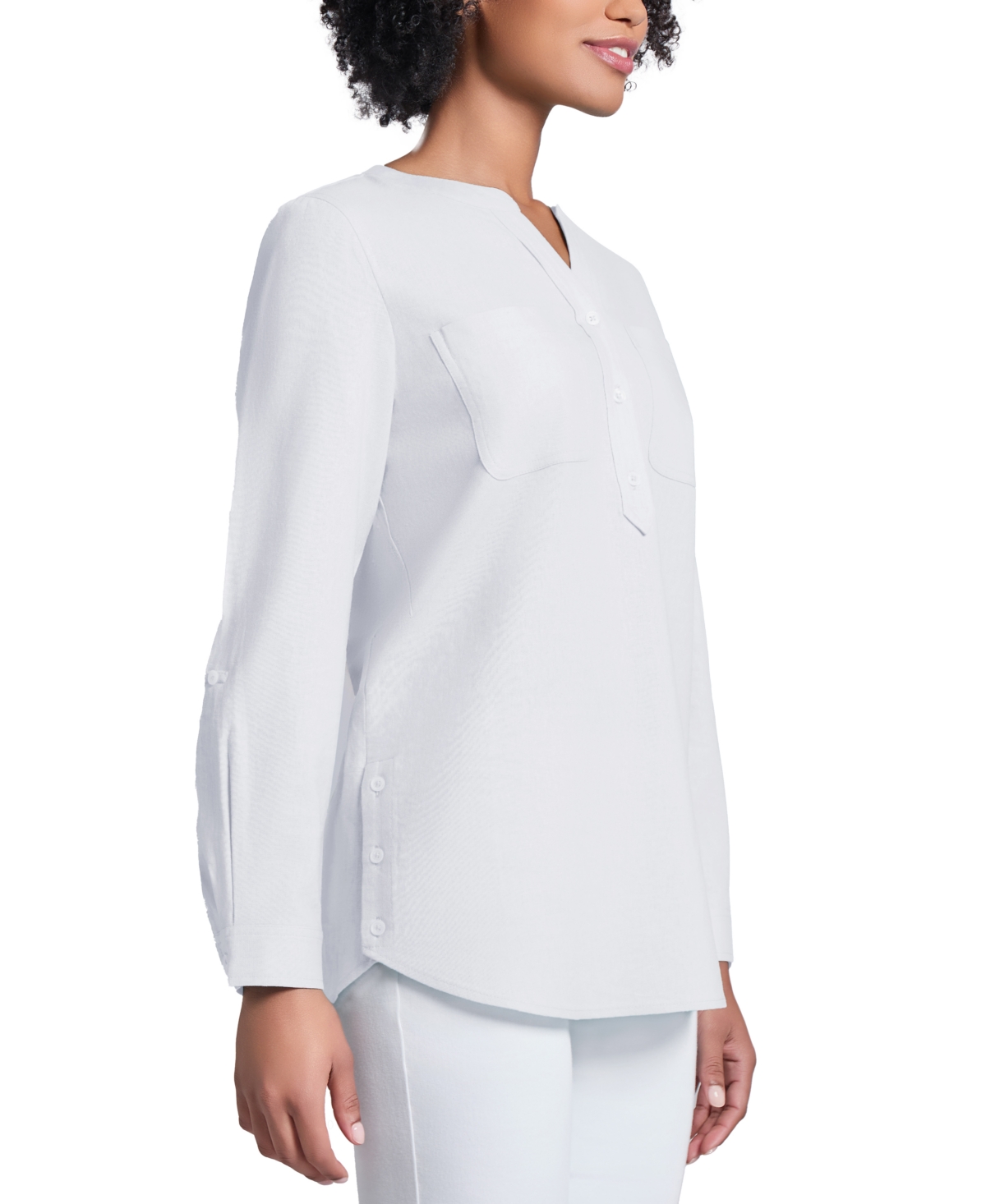 Jones New York Roll Cuff Linen Blend Tunic In Jones White