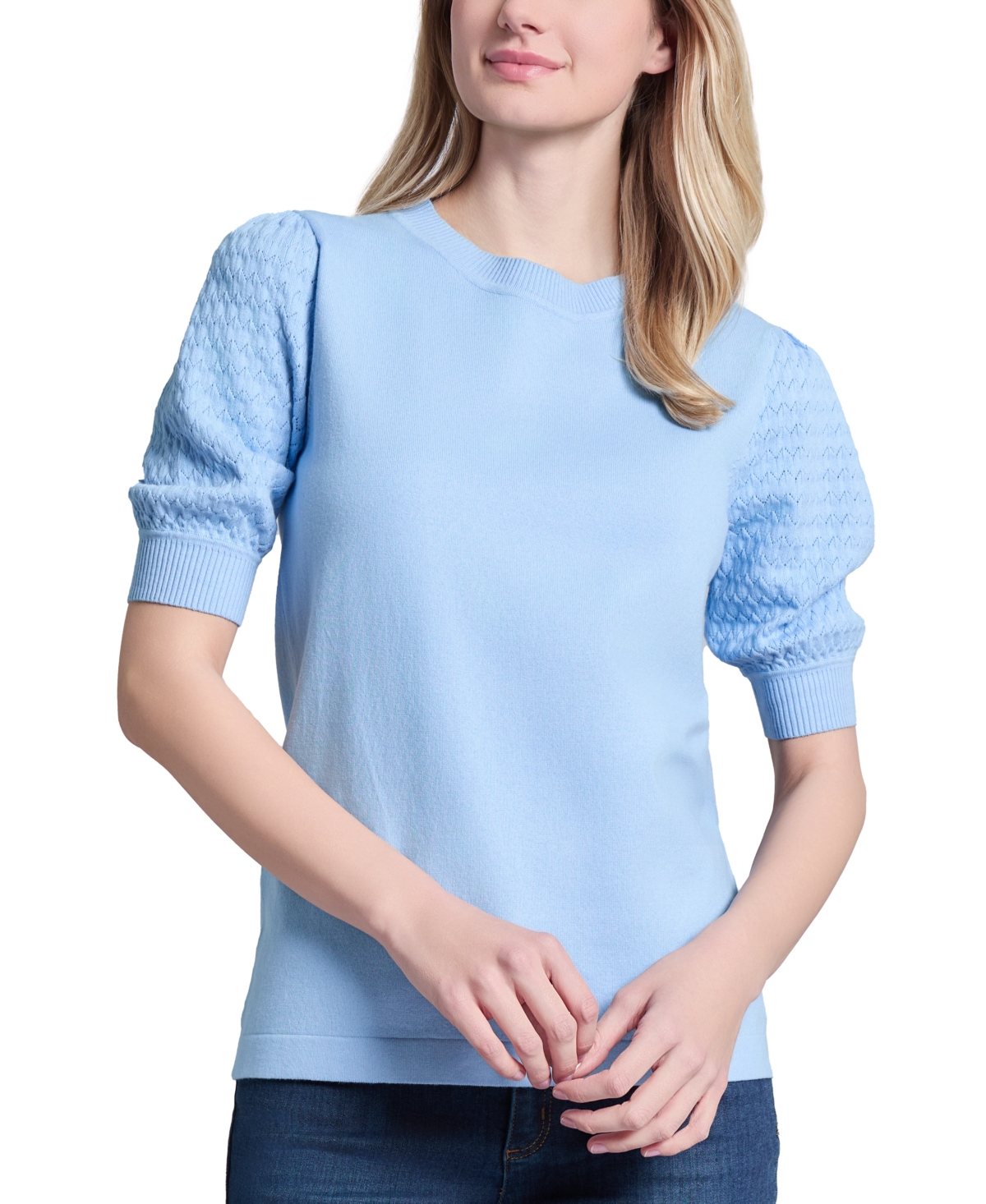 Women's Stitch Puff Sleeve Crewneck Sweater - Chintz Blue