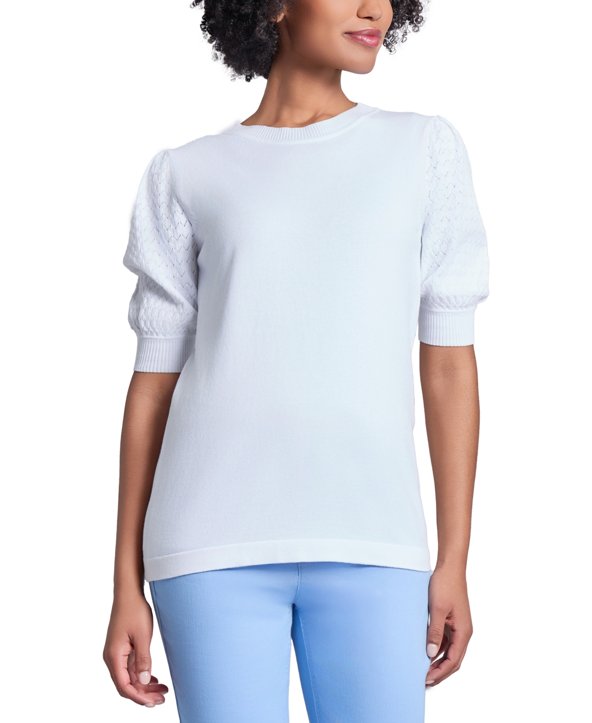 Jones New York Women's Stitch Puff Sleeve Crewneck Sweater In Nyc White