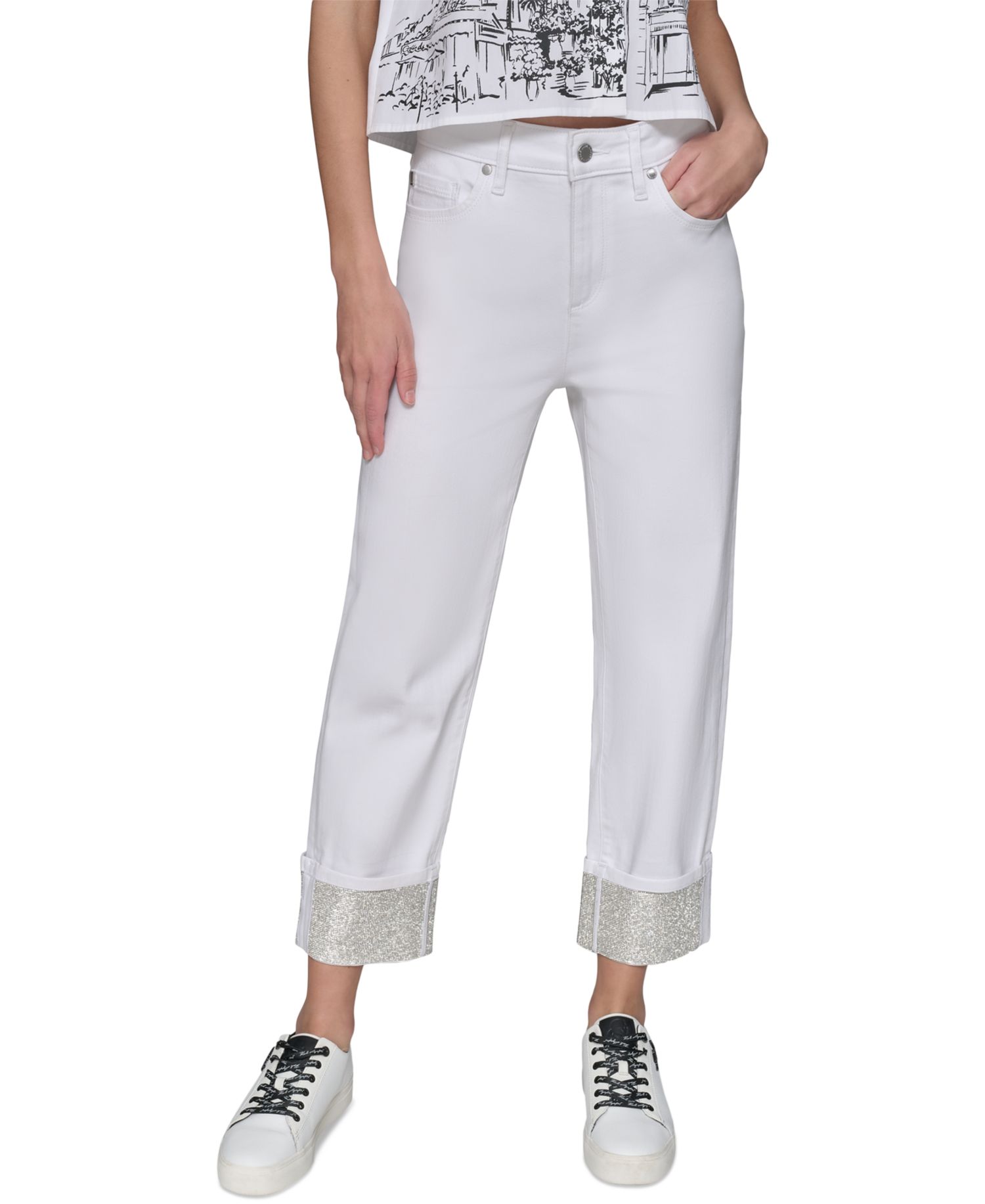 Women's High-Rise Crystal-Cuff Jeans