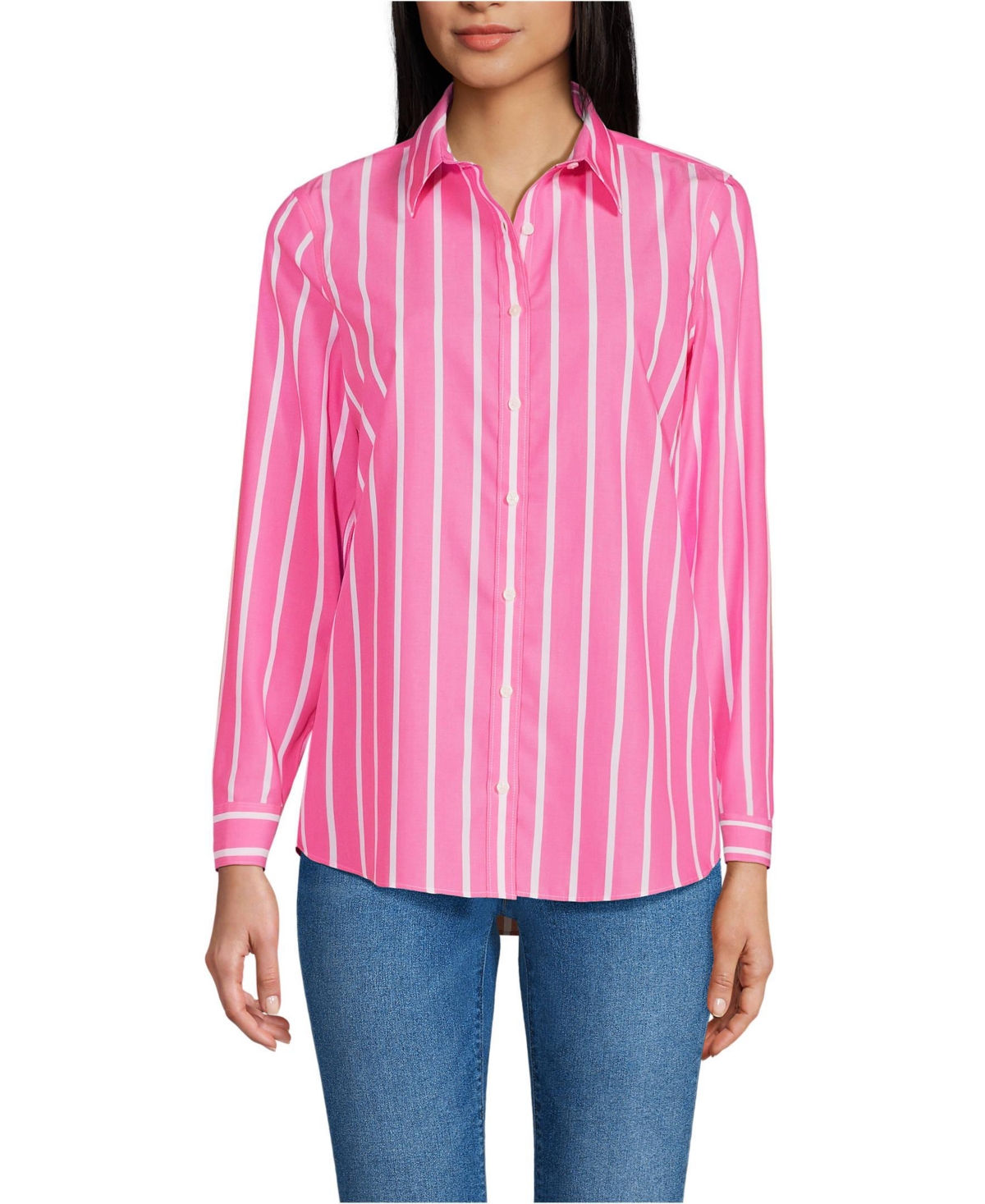 Women's No Iron Button Front Shirt - White/aqua classic stripe