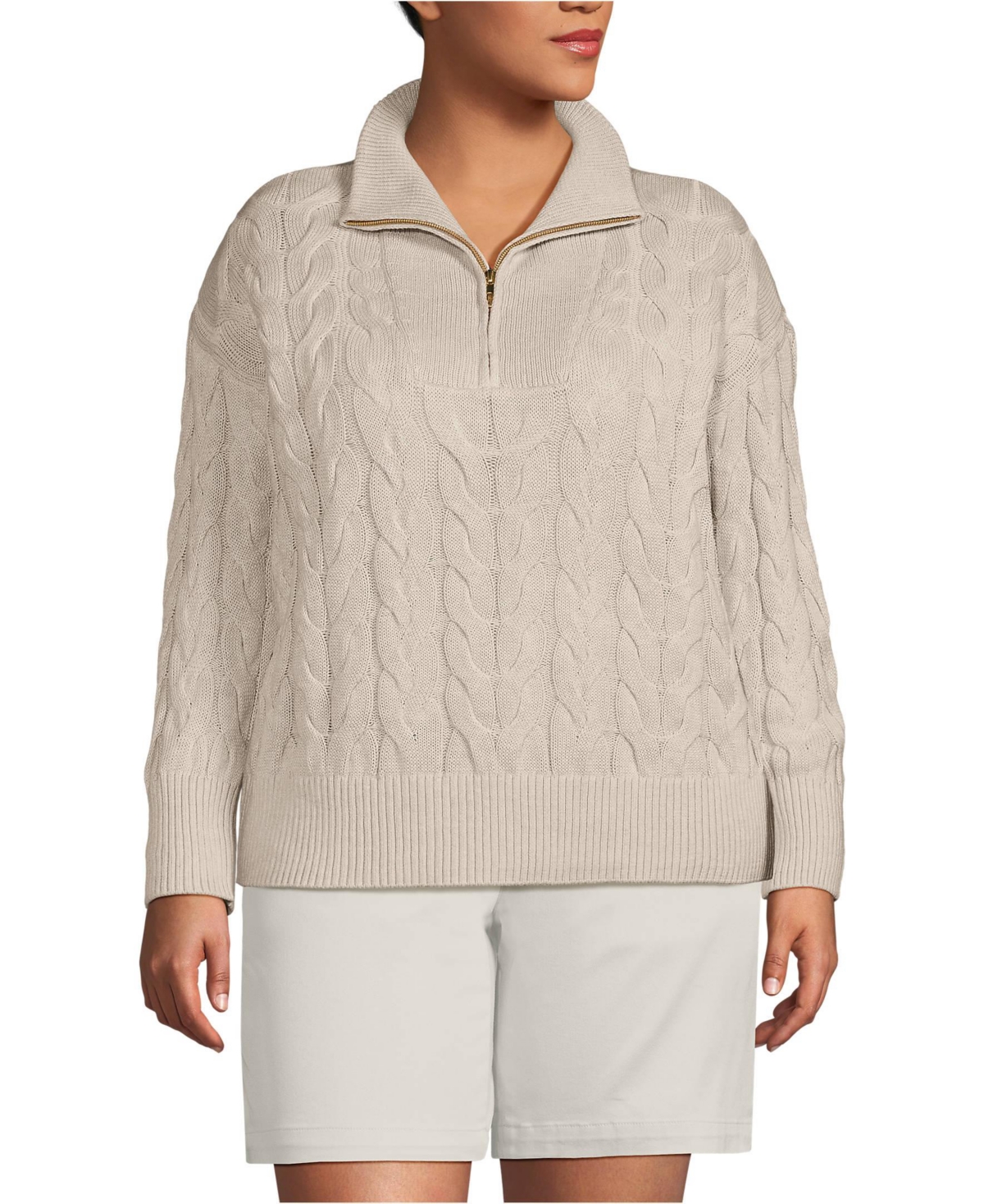 Women's Plus Size Drifter Cable Quarter Zip Sweater - Oatmeal heather