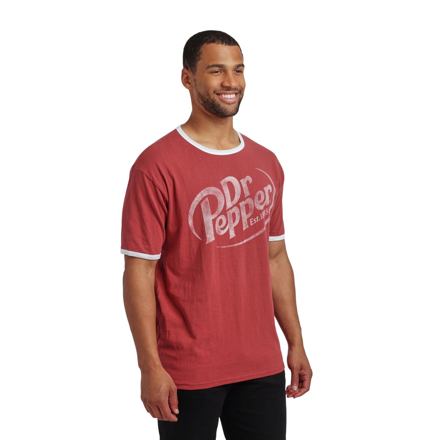 Men's Dr Pepper Logo Crew Neck Short Sleeve Red Ringer Tee -Large