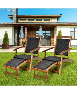 2PCS Patio Folding Rattan Lounge Chair Wood Frame Retractable Footrest
