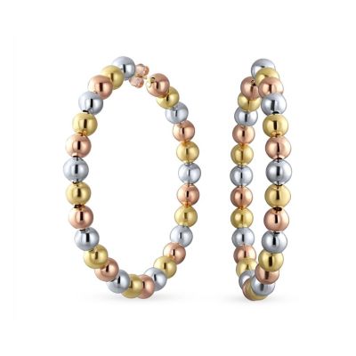 Tri Color Bead Hoop Earrings 18K Gold Plated 2.2" Latch Back Closure
