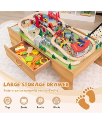Kids Double-Sided Wooden Train Table Playset with Storage Drawer