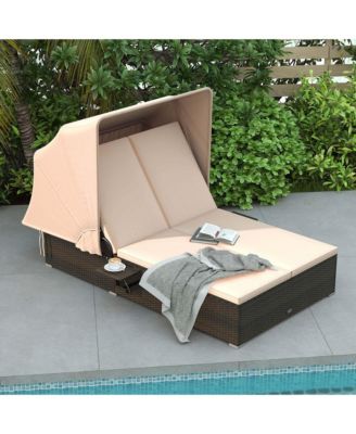 2-person Rattan Lounge Bed with Retractable Canopy 5-position Adjustable Backrest