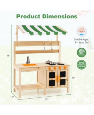 Mud Kitchen Fir Wood Play Kitchen with Canopy and Sink and 4 Stoves