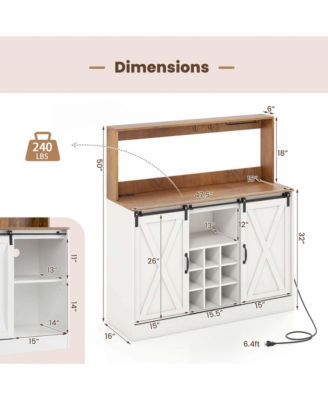 47.5" Farmhouse Coffee Bar Cabinet with Charging Station Glass Cup Holders Hutch