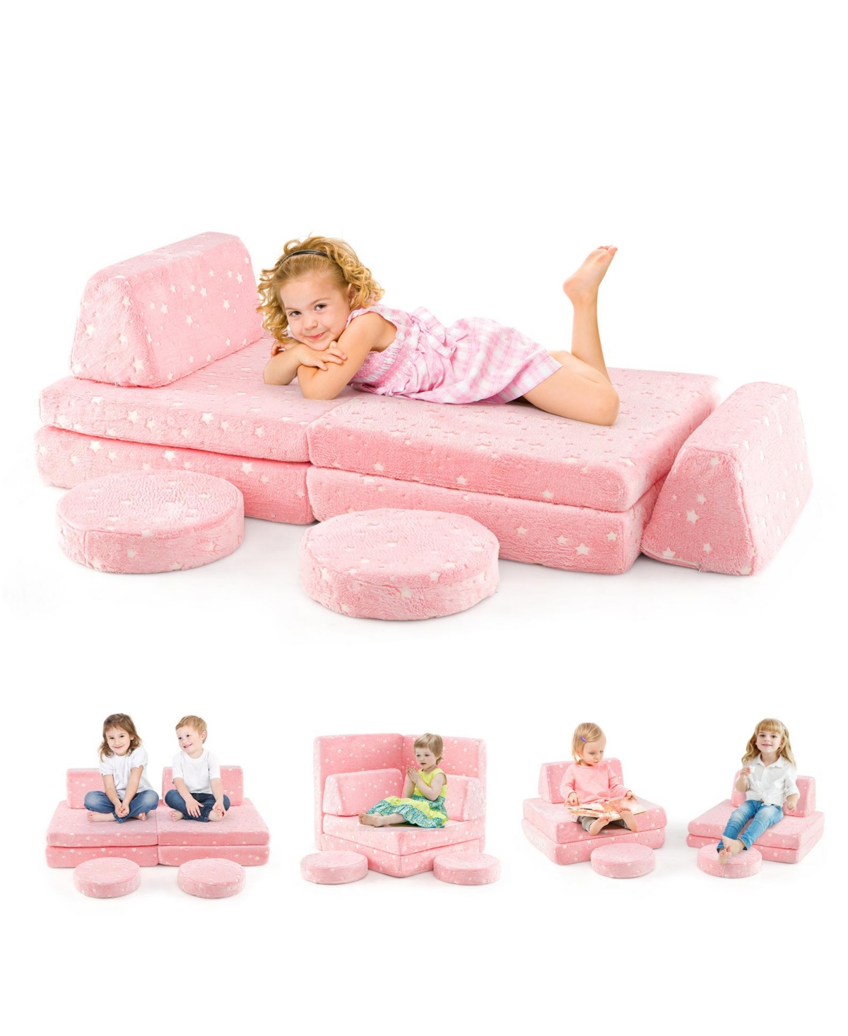 Modular Kids Play Couch Set Glow-in-the-Dark with Portable Handles Fun and Versatile Seating for Toddlers - Pink
