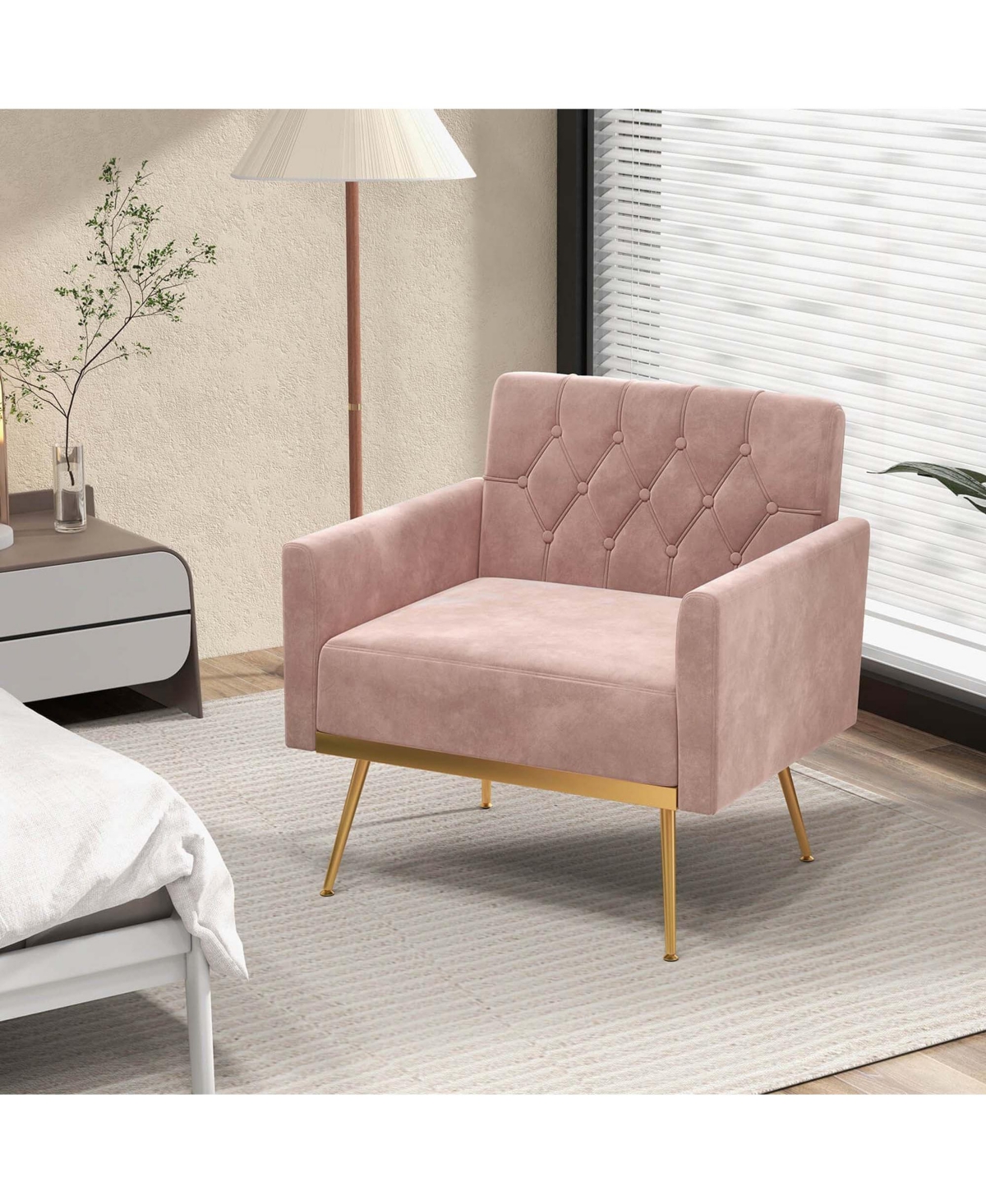 Modern Velvet Accent Chair with Button Tufted Back Golden Metal Legs & Foot Pads
