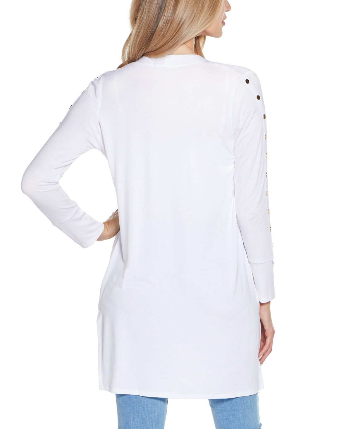 Shop Belldini Women's Embellished Sleeve Knit Open Cardigan Top In White