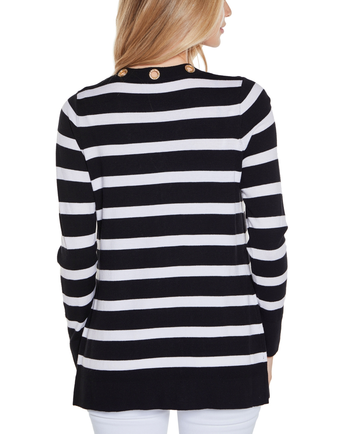 Shop Belldini Women's Rhinestone Grommet Striped Open-front Cardigan Sweater In Black Combo