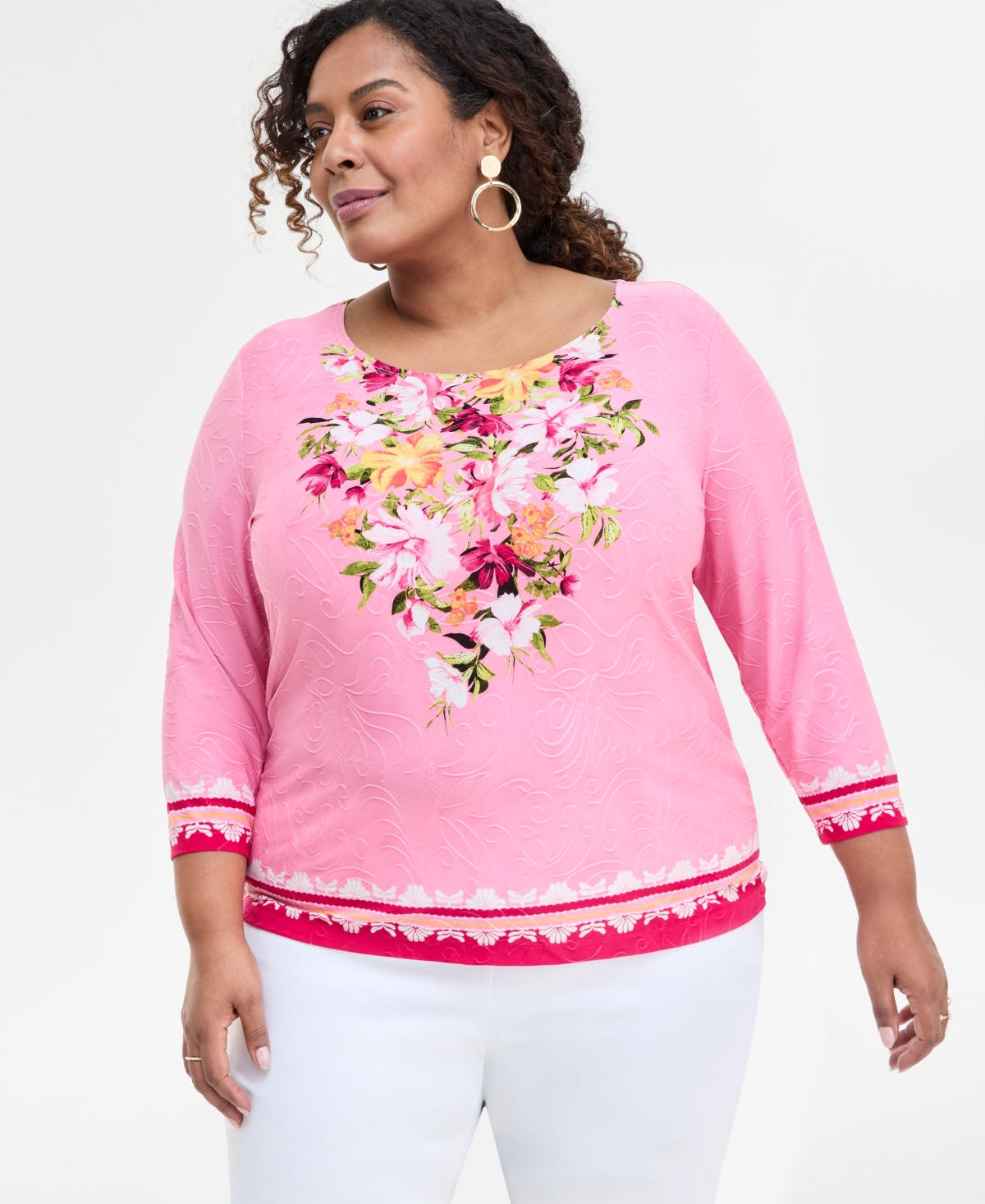 Plus Size Printed 3/4-Sleeve Top, Exclusively at Macy's - Pink Petunia