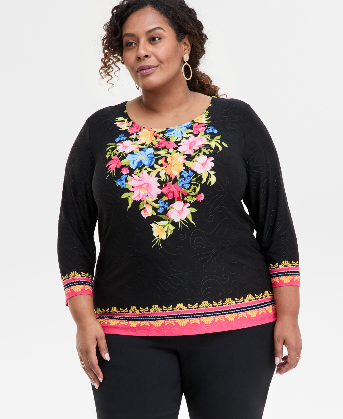 JM COLLECTION PLUS SIZE PRINTED 3/4-SLEEVE TOP, EXCLUSIVELY AT MACY'S 