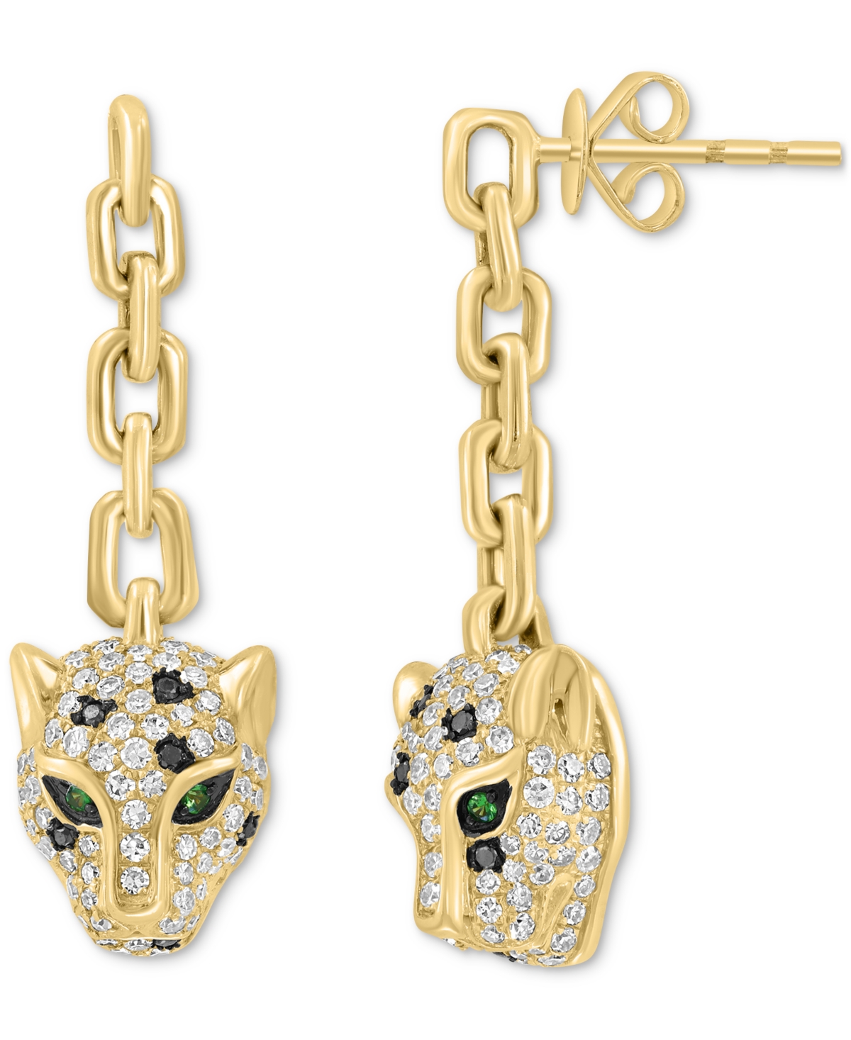 Effy Collection Effy White & Black Diamond (3/4 Ct. T.w.) & Tsavorite Accent Jaguar Head Drop Earrings In 14k Gold In Yellow Gold