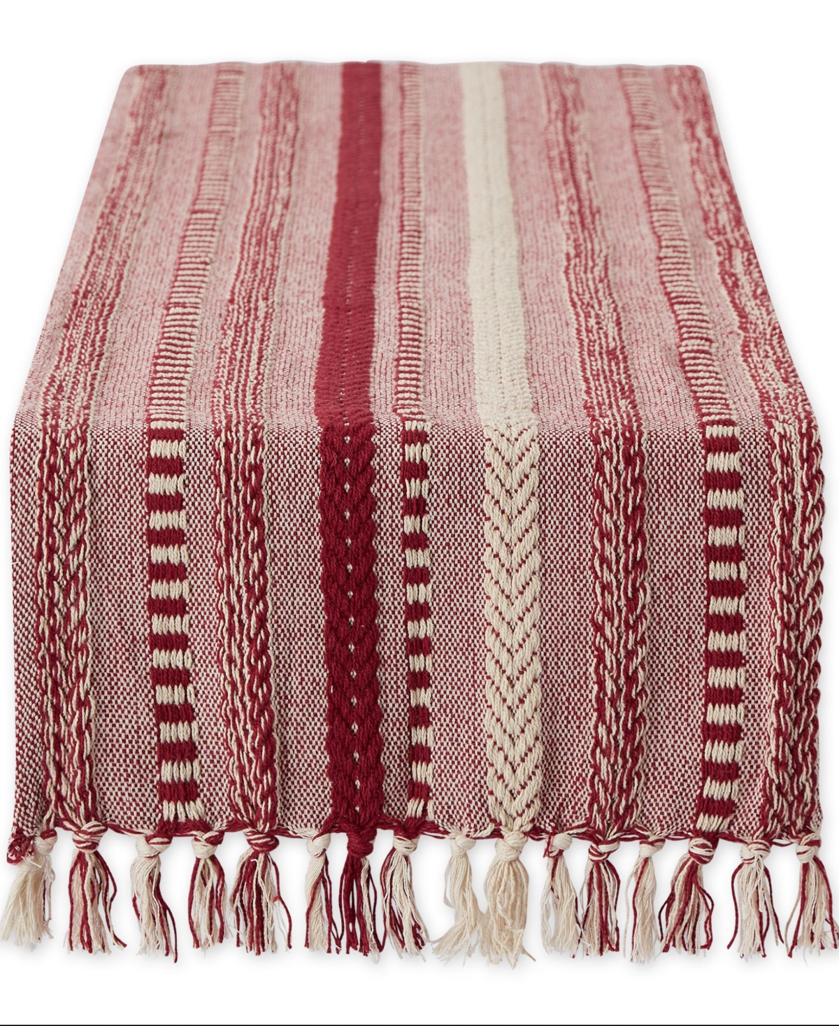 Design Imports Braided Stripe Jacquard Fringe Table Runner, 15" X 108" In Barn Red