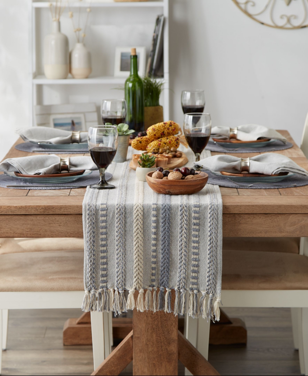 Design Imports Braided Stripe Jacquard Fringe Table Runner, 15" X 108" In Cool Gray