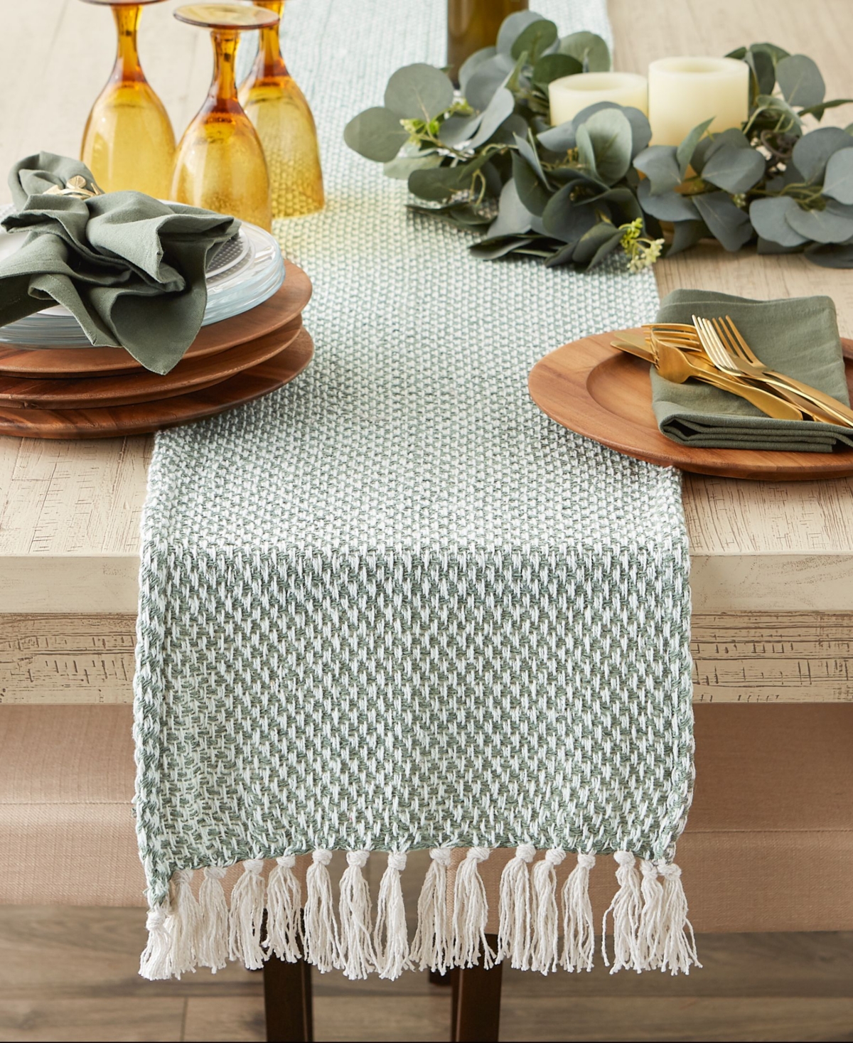 Design Imports Woven Jacquard Fringe Table Runner, 15" X 72" In Jadeite