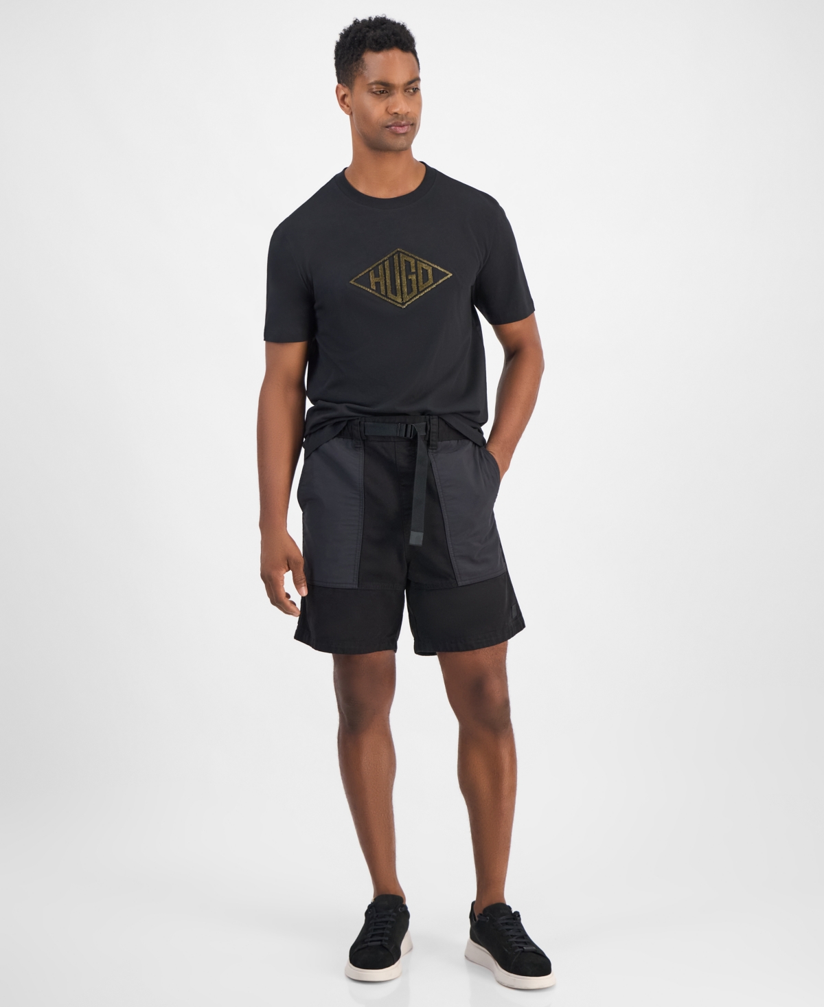 Men's Gabri Relaxed Fit Belted Mixed Media 7" Shorts - Black